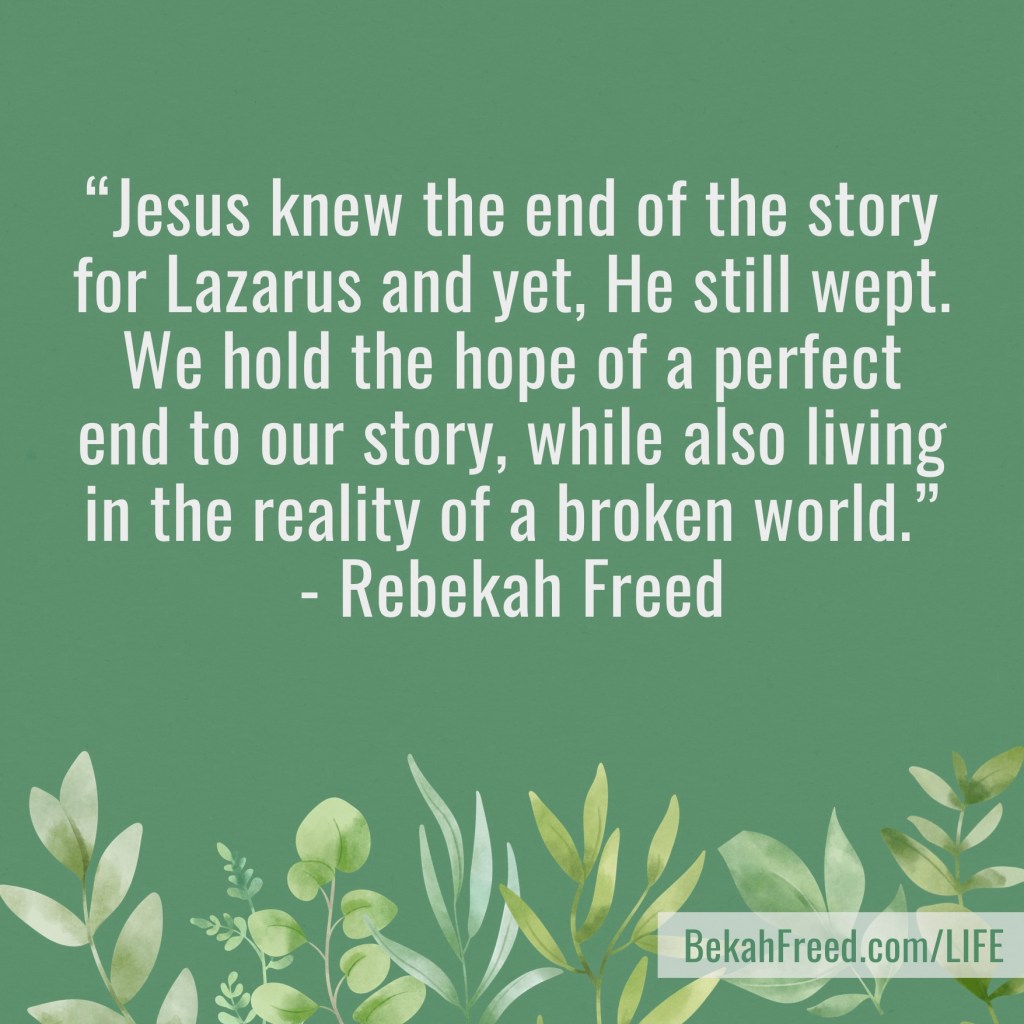 Green background with leaves and this quote:”Jesus knew the end of the story for Lazarus and yet, He still wept. We hold the hope of a perfect end to our story, while also living in the reality of a broken world.” - Rebekah Freed